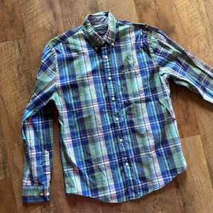 Men's Crown & Ivy Casual Button Down Shirt S Blue Green Plaid